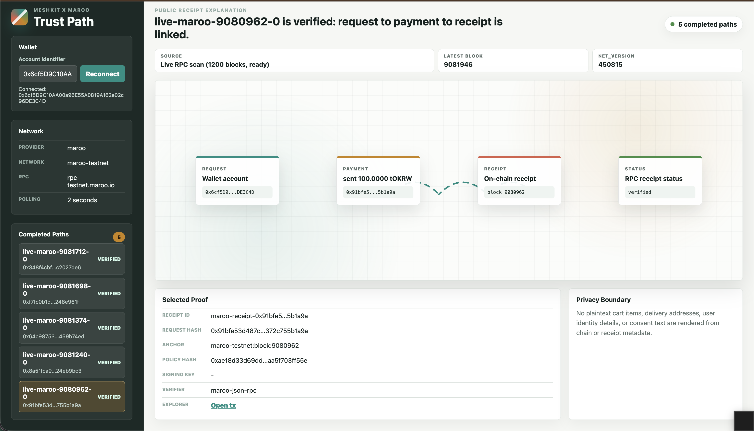 Trust Path live RPC graph showing request, payment, receipt, and verified status
